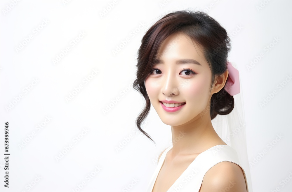 A beautiful Chinese woman dressed in white wedding dress looking at the camera A beautiful Chinese woman dressed in white wedding dress looking at the camera