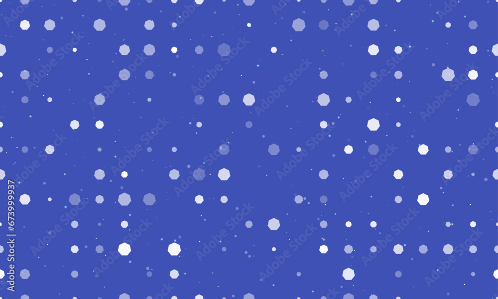 Seamless background pattern of evenly spaced white heptagon symbols of different sizes and opacity. Vector illustration on indigo background with stars