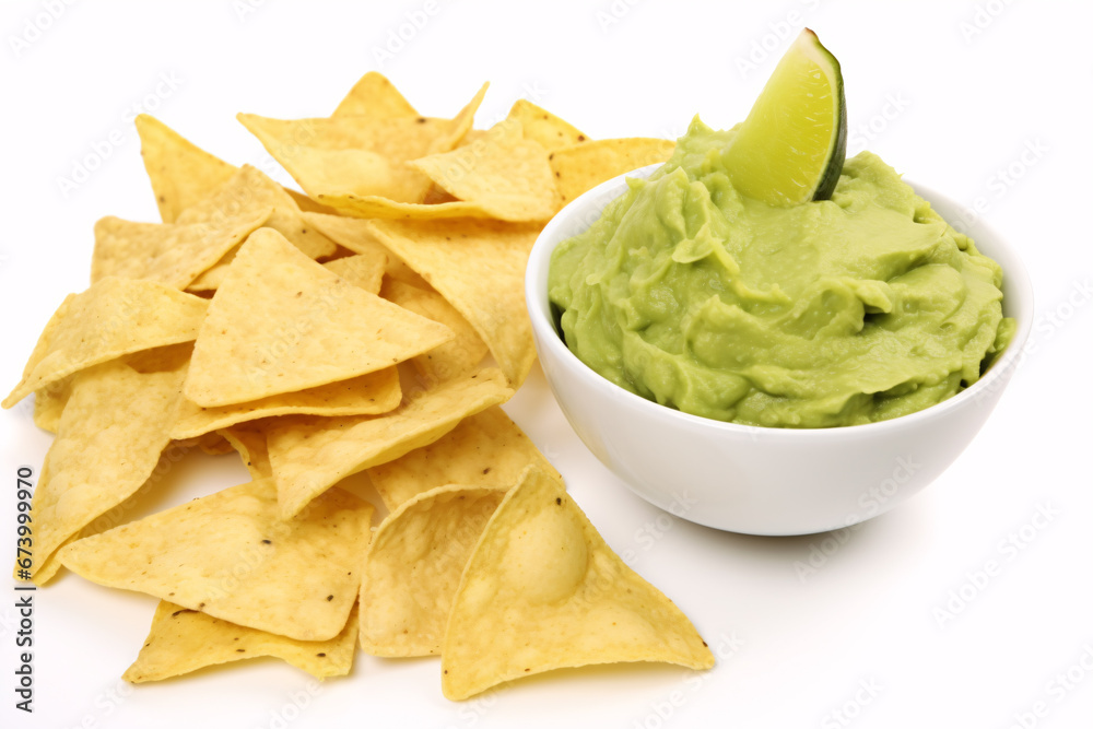 A Mexican food combo of guacamole and tortilla chips on a white surface. A Mexican food combo of guacamole and tortilla chips on a white surface.