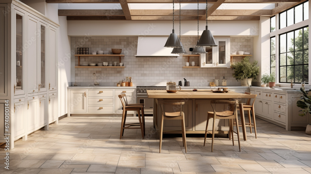 a warm and inviting kitchen with a tiled floor and white cabinets and a large island with a granite countertop