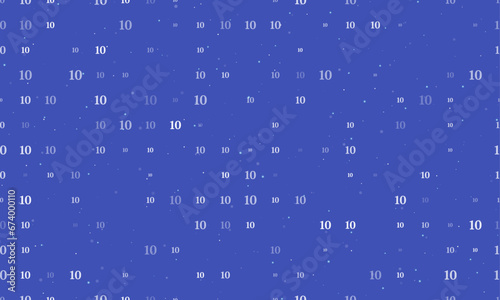 Seamless background pattern of evenly spaced white number ten symbols of different sizes and opacity. Vector illustration on indigo background with stars