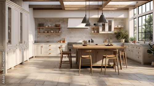 a warm and inviting kitchen with a tiled floor and white cabinets and a large island with a granite countertop