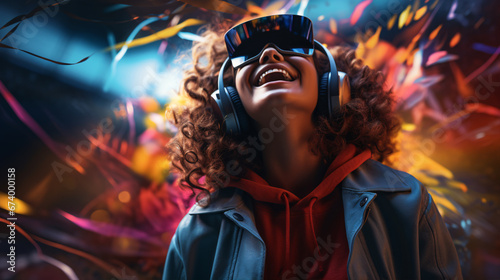 A joyful female reveller enjoying herself in the digital realm while dressed in virtual reality apparel.