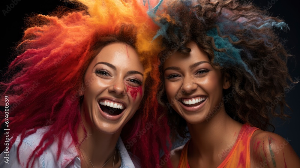 Obraz premium Happy Friends Having Fun Colorful Powder, Bright Background, Background Hd