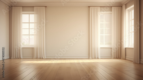 a warm and inviting room with beige walls and a hardwood floor and two large windows draped in light ivory curtains
