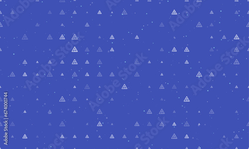 Seamless background pattern of evenly spaced white slippery road signs of different sizes and opacity. Vector illustration on indigo background with stars