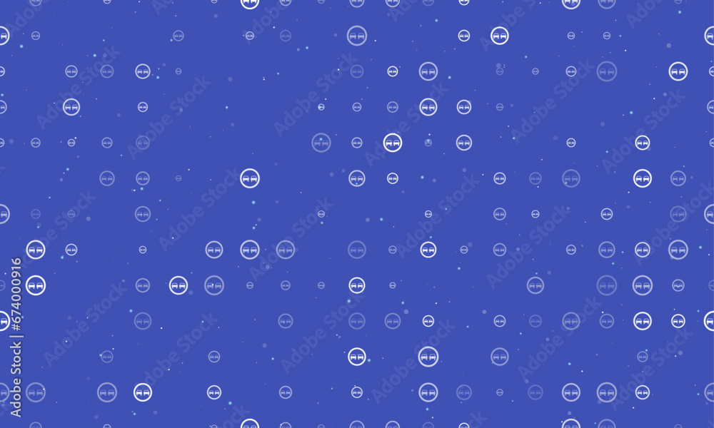 Seamless background pattern of evenly spaced white no overtaking signs of different sizes and opacity. Vector illustration on indigo background with stars
