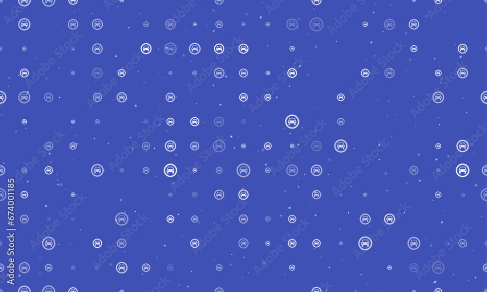 Seamless background pattern of evenly spaced white no car signs of different sizes and opacity. Vector illustration on indigo background with stars