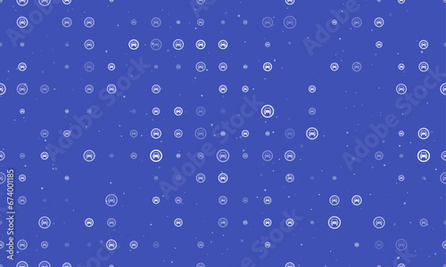 Seamless background pattern of evenly spaced white no car signs of different sizes and opacity. Vector illustration on indigo background with stars