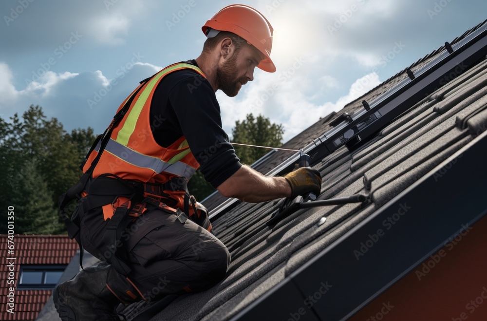 A young man in workman's clothing is installing solar panels. A young man in workman's clothing is installing solar panels.