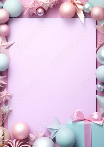 cartolina natalizia cornice addobbi natalizi rosa palle fiocchi regali spazio scrittura photo