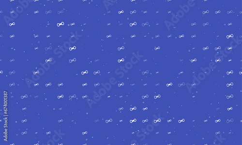 Seamless background pattern of evenly spaced white handcuffs symbols of different sizes and opacity. Vector illustration on indigo background with stars
