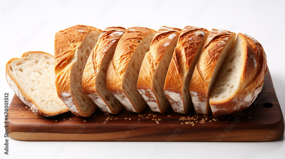 Isolated homemade Sourdough slices on white backdrop, depicting bakery concept.