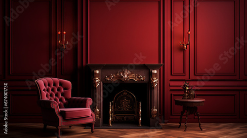a warm room with dark red walls and a light brown carpet A fireplace is set against one wall and a single armchair is in the center