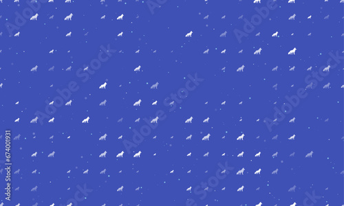 Seamless background pattern of evenly spaced white wolf symbols of different sizes and opacity. Vector illustration on indigo background with stars
