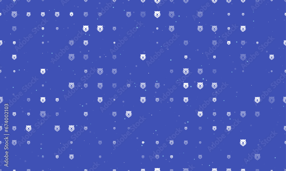 Seamless background pattern of evenly spaced white bear head icons of different sizes and opacity. Vector illustration on indigo background with stars