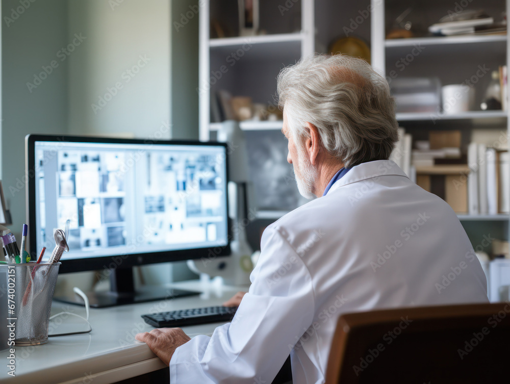 Senior doctor using computer. AI generated picture.