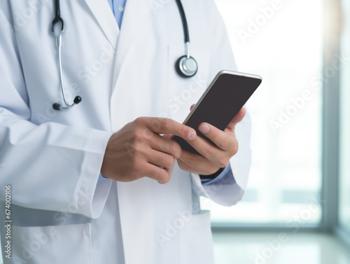 Male doctor holding smartphone in hands, close up. AI generated picture