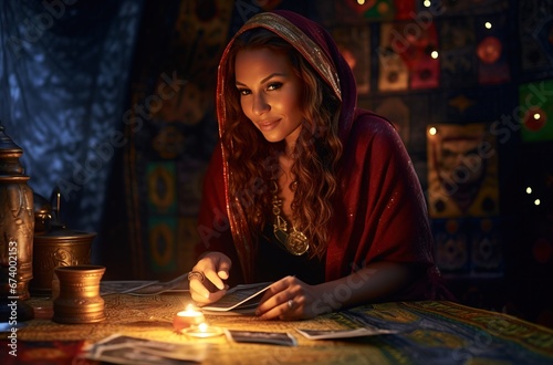 Gypsy medium woman pythoness predicts the future with a crystal ball and tarot cards