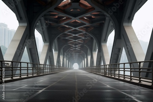 Open floor and urban landscape featuring a bridge structure in Hangzhou, China. Generative AI