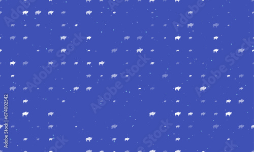 Seamless background pattern of evenly spaced white buffalo symbols of different sizes and opacity. Vector illustration on indigo background with stars