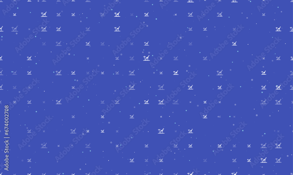 Seamless background pattern of evenly spaced white giraffe symbols of different sizes and opacity. Vector illustration on indigo background with stars