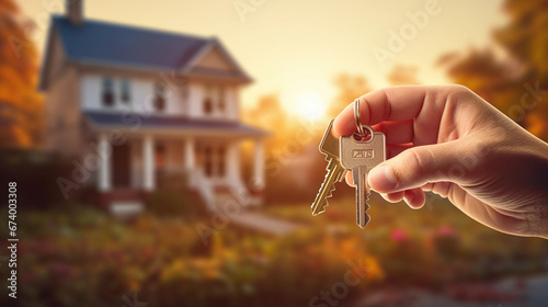 Real estate agent holding house key close up of hand. Beautiful family home at sunset with copy space.