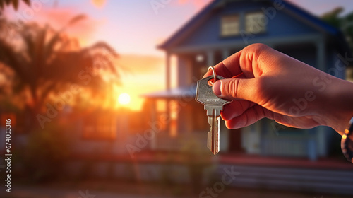 Hand holding house keys. New home real estate agent background.