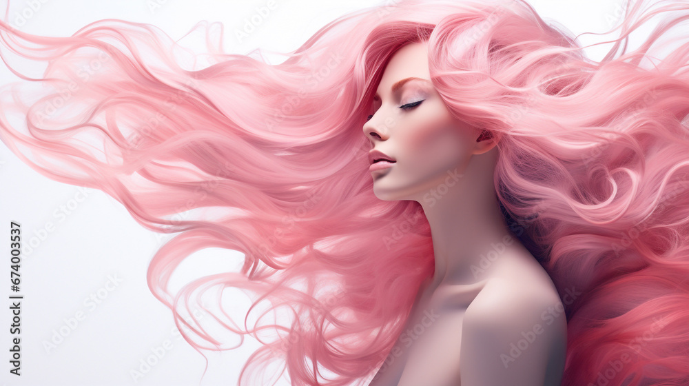 portrait of a woman, pink curly hair with isolated white background