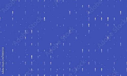 Seamless background pattern of evenly spaced white exclamation symbols of different sizes and opacity. Vector illustration on indigo background with stars