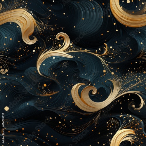 Gold swirl pattern on black seamless pattern