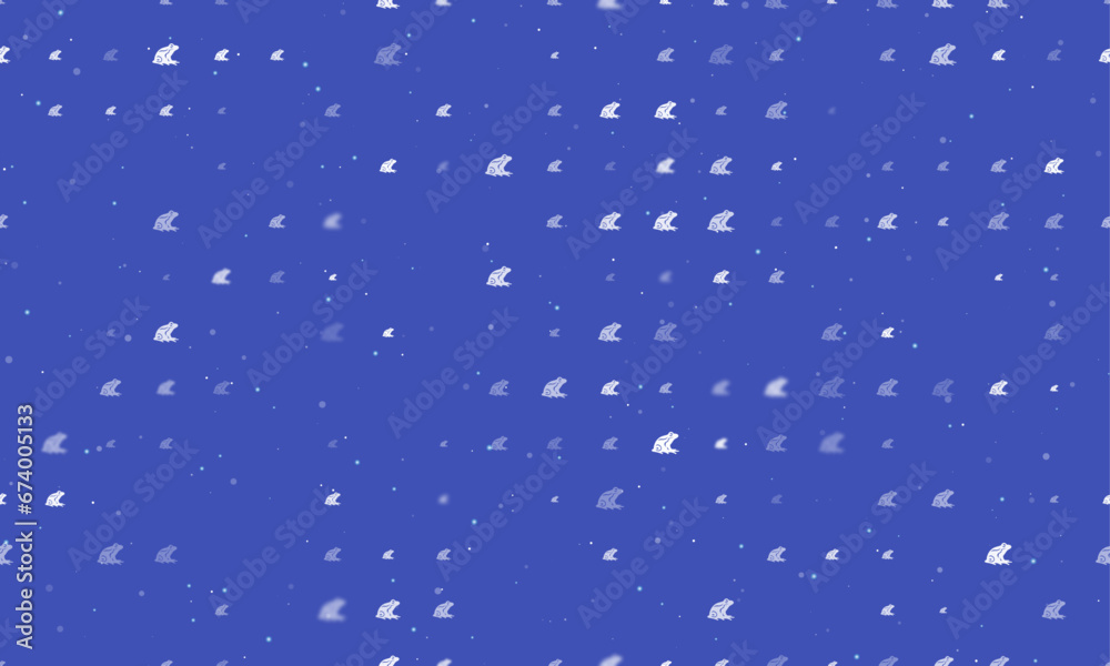 Seamless background pattern of evenly spaced white frog symbols of different sizes and opacity. Vector illustration on indigo background with stars Seamless background pattern of evenly spaced white frog symbols of different sizes and opacity. Vector illustration on indigo background with stars