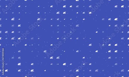 Seamless background pattern of evenly spaced white funny frogs of different sizes and opacity. Vector illustration on indigo background with stars