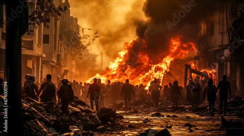 Fire in the street. Burning buildings and cars on the road. The chaos that people experience in the streets of a country at war, under attack.