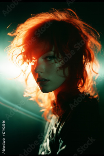 Glamor shot studio photo of a beautiful seductive woman, with abstract lighting and spot lights.