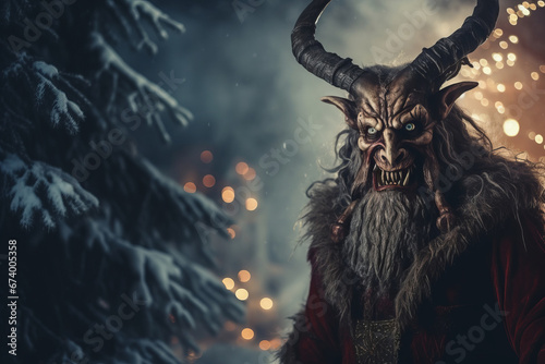 Krampus Christmas in a Snowy Forest on a Night with Snow-Covered Carnivore and Blurred Lights in the Background