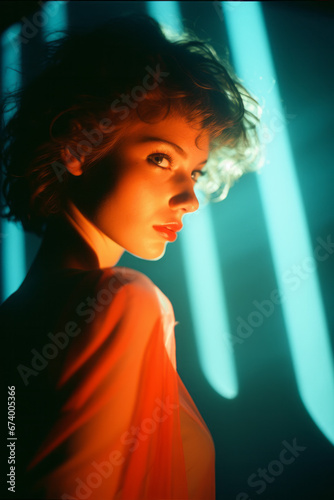 Glamor shot studio photo of a beautiful seductive woman, with abstract lighting and spot lights.