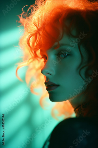Glamor shot studio photo of a beautiful seductive woman, with abstract lighting and spot lights.