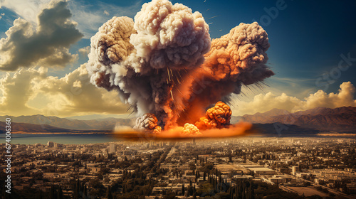 A war scene and the explosion of a bomb falling in the middle of the city. Middle eastern city and building style. Big explosion with smoke and flames over city. War scene, 
