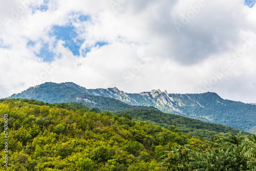 Mysterious mountain landscape of the Valley of Ghosts on the western slope of Mount Demerdzhi in Crimea. Popular tourism and trekking destination