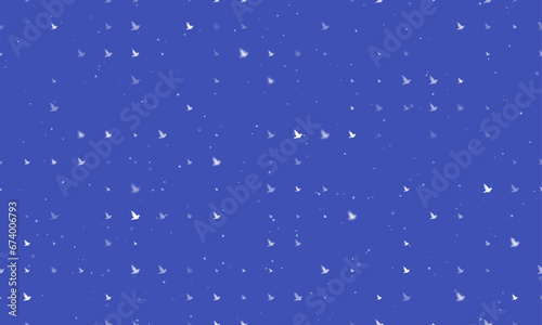 Seamless background pattern of evenly spaced white bird symbols of different sizes and opacity. Vector illustration on indigo background with stars