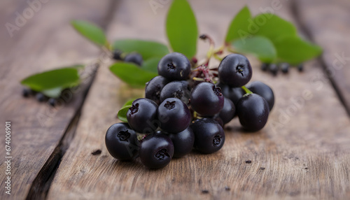 closeup of a Aronia berry on a wooden table