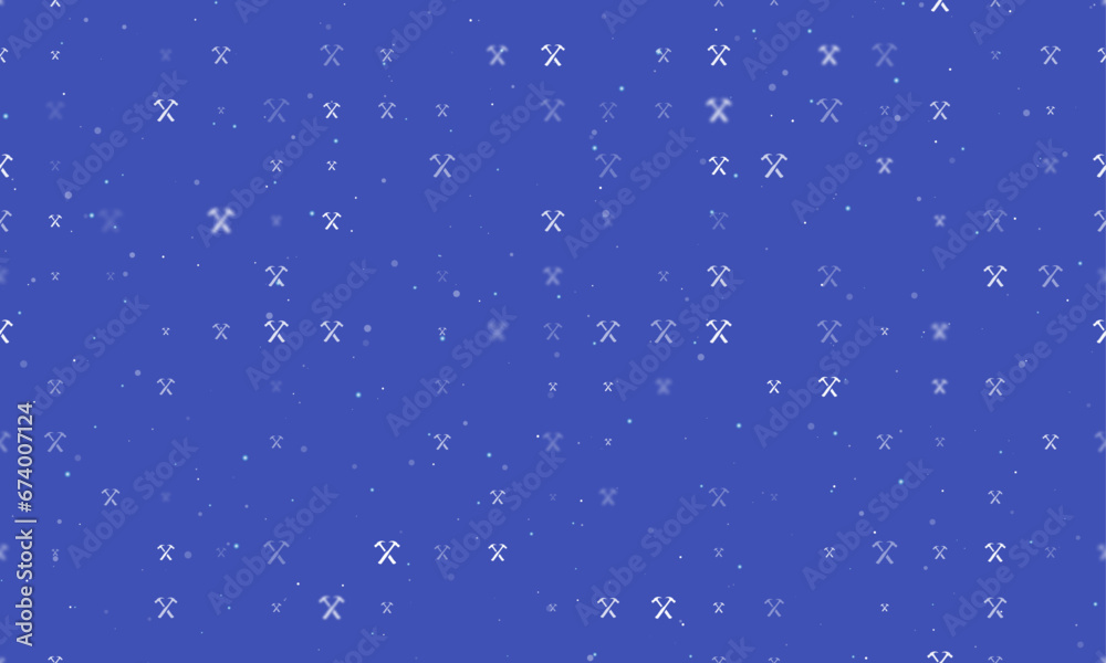 Seamless background pattern of evenly spaced white crossed hammers symbols of different sizes and opacity. Vector illustration on indigo background with stars