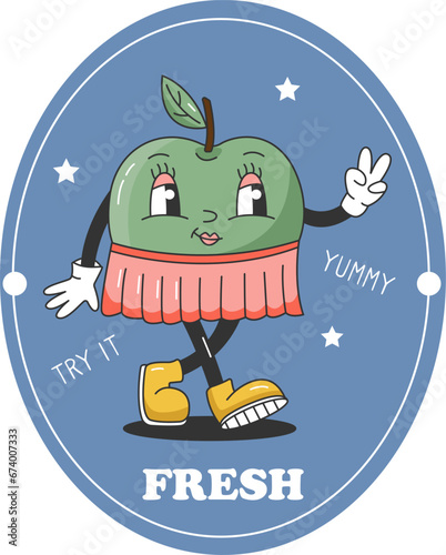 60s Fruit Funny Retro Hippie Groovy Cartoon Apple. Label with Comic Character. Groovy Summer Vector Sticker. Sweet Juicy Fresh Fruit Banner.