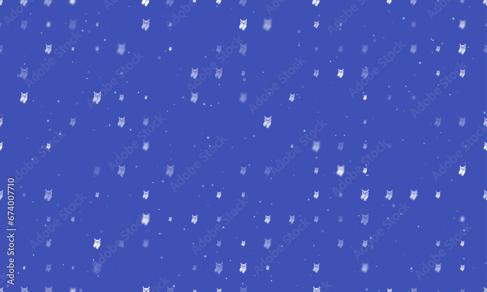 Seamless background pattern of evenly spaced white owl symbols of different sizes and opacity. Vector illustration on indigo background with stars Seamless background pattern of evenly spaced white owl symbols of different sizes and opacity. Vector illustration on indigo background with stars
