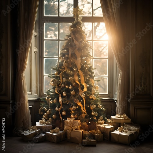 Gemütliches Wohnzimmer mit einem geschmückten Weihnachtsbaum vor dem Fenster