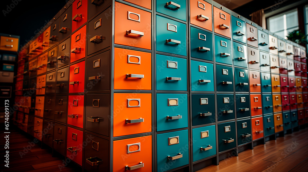 Organized Office Files: Color-Coded Cabinet Setup for Easy Retrieval and Orderly Storage. Generative AI.