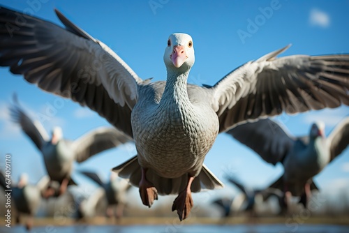 Close-up of a goose in mid-flight