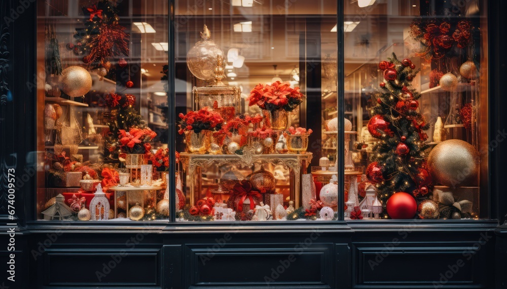 Photo of a Festive Showcase of Christmas Decorations in a Vibrant Store Window