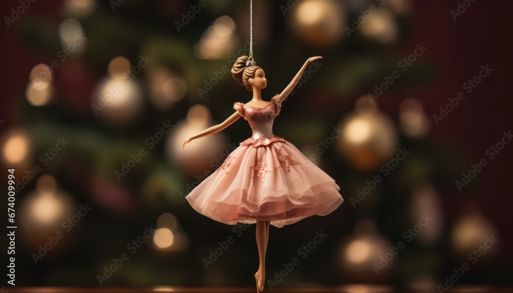 Photo of a Graceful Pink Ballerina Ornament Adorning a Festive Christmas Tree - obrazy, fototapety, plakaty 